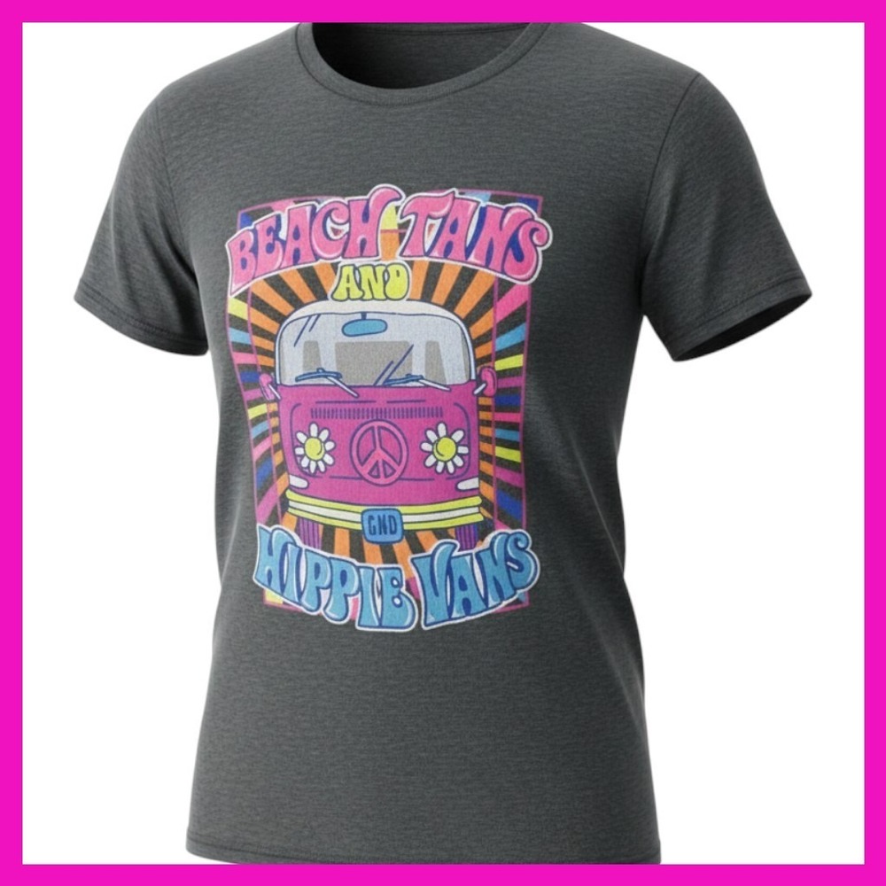 Gildan Beach Tans and Hippie Vans Graphic Tee Charcoal Heather XL